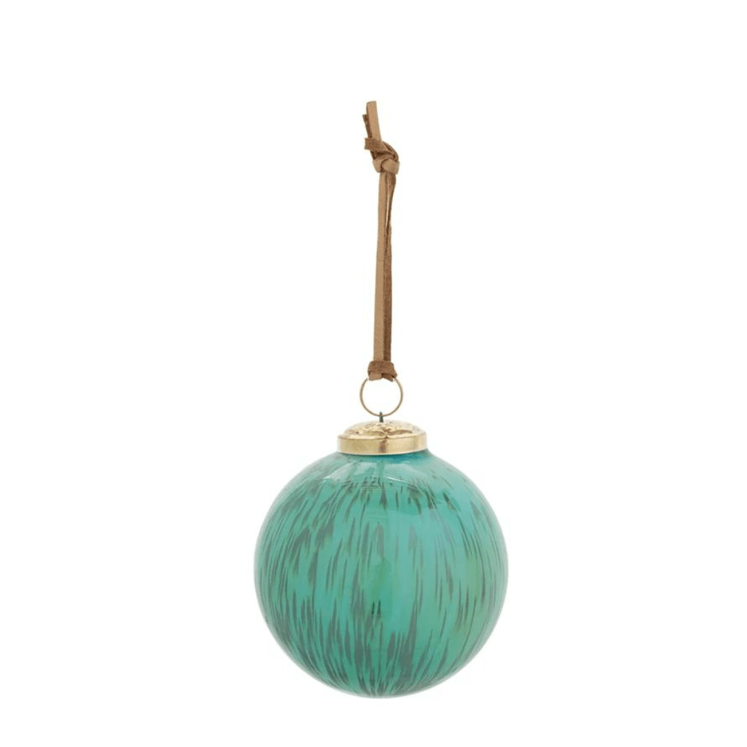 Round Hand-Marbled Glass Ball Ornament w/ Leather Hanger