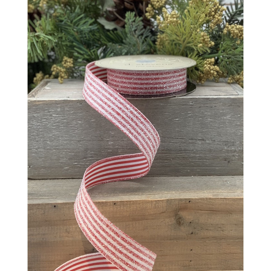 Satin Candy Stripe Ribbon- Red & White, 0.875" x 10 yds