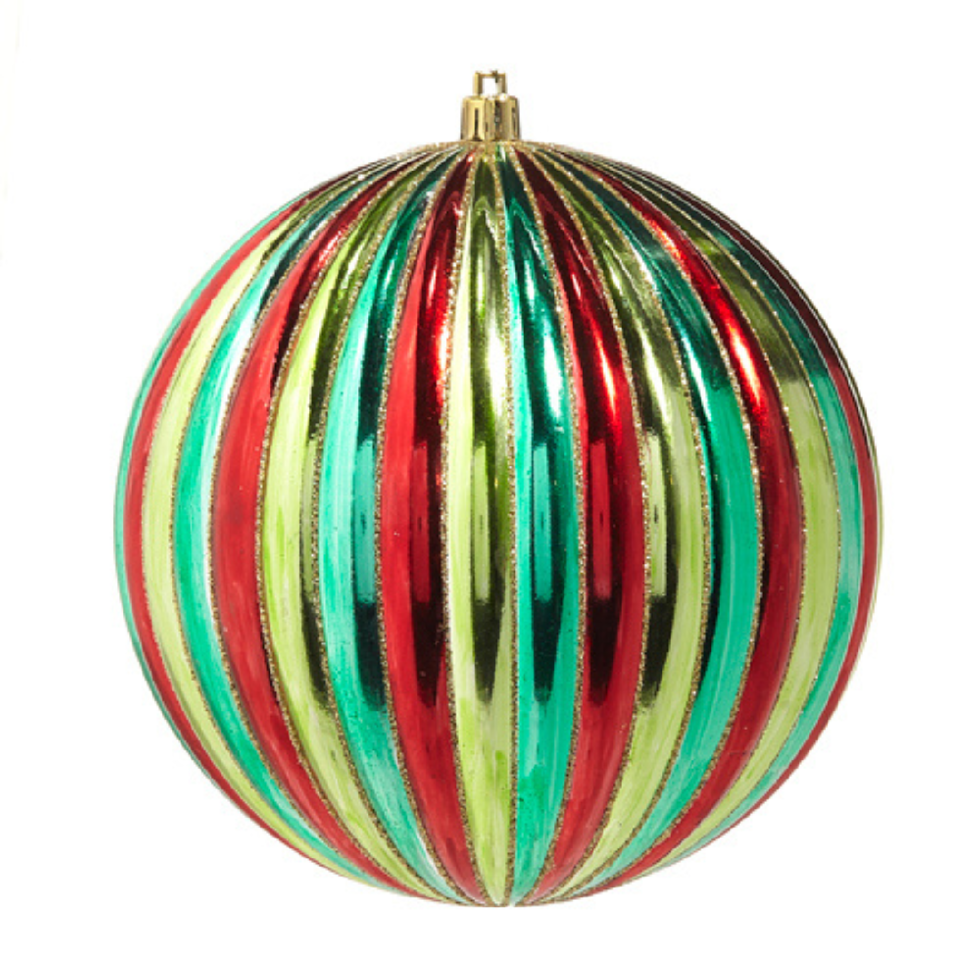 Striped Ball Ornament, Red, Green, & Gold