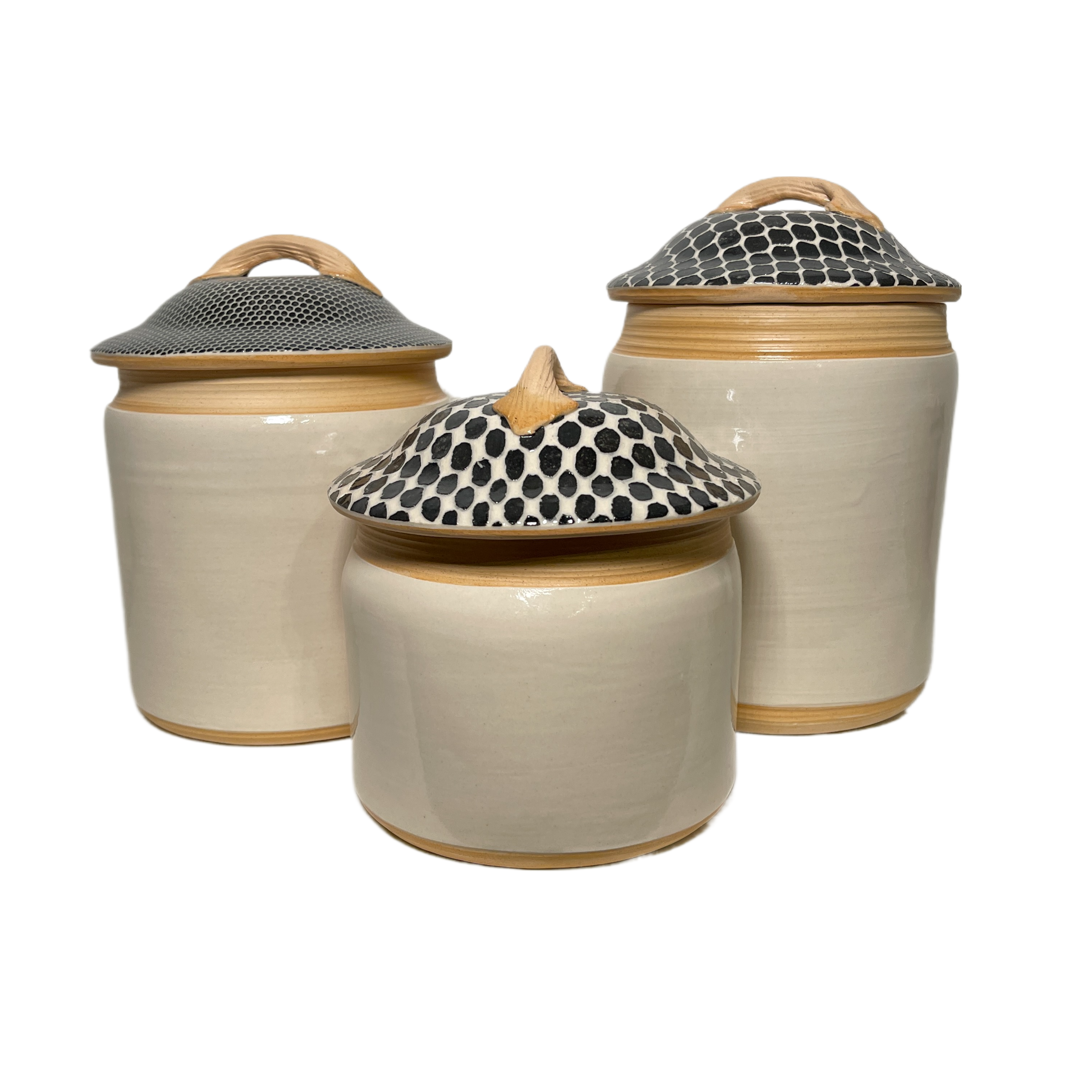 Three Piece Canister Set/ Ivory Base W/ Assorted Black Lids