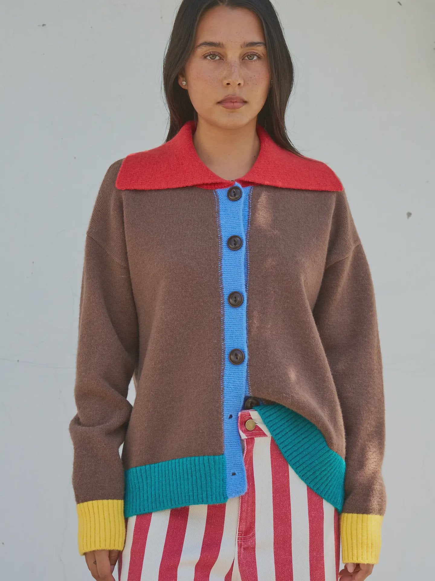 Colorblock Collared Button Down Knit Cardigan / Brown