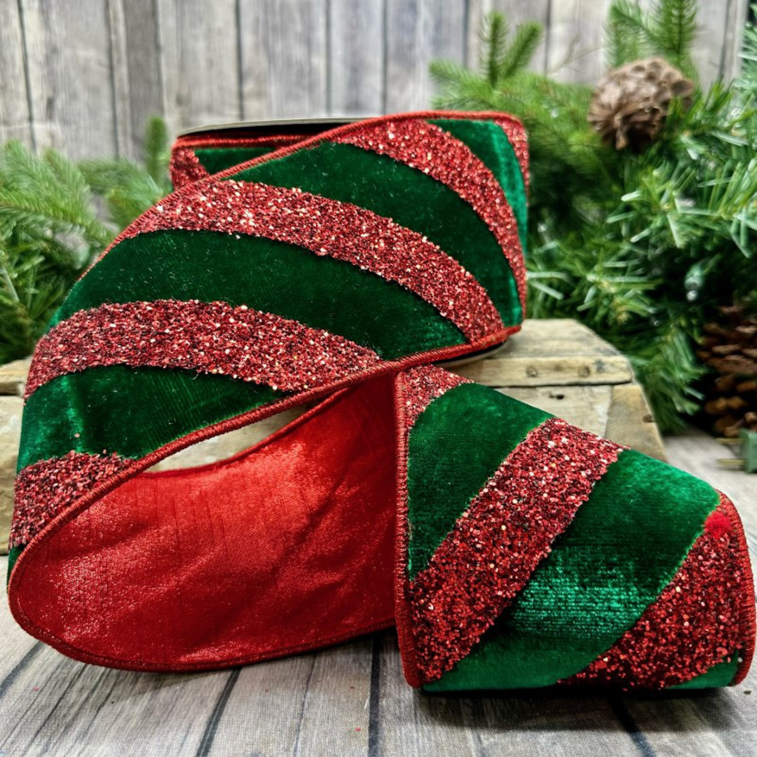 Velvet Glitter Ribbon- Red & Green, 4" x 10 yds