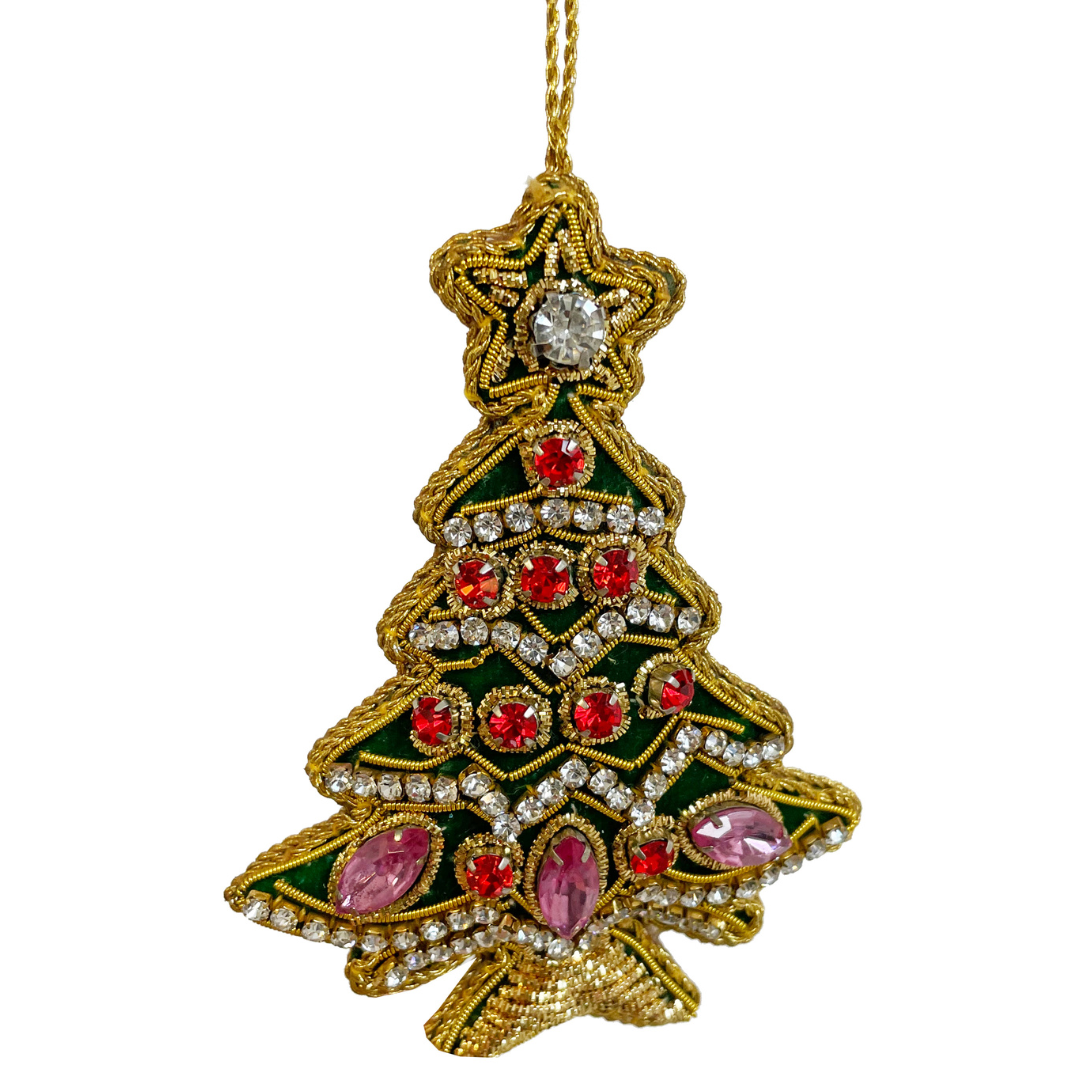 Velvet Tree Ornament, Green, Gold, and Red