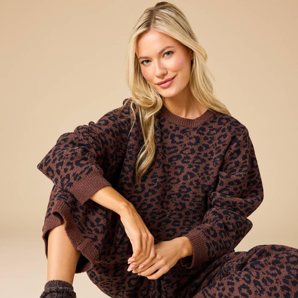 Marshmallow Leopard Crew Neck Lounge Set / Wild Expresso