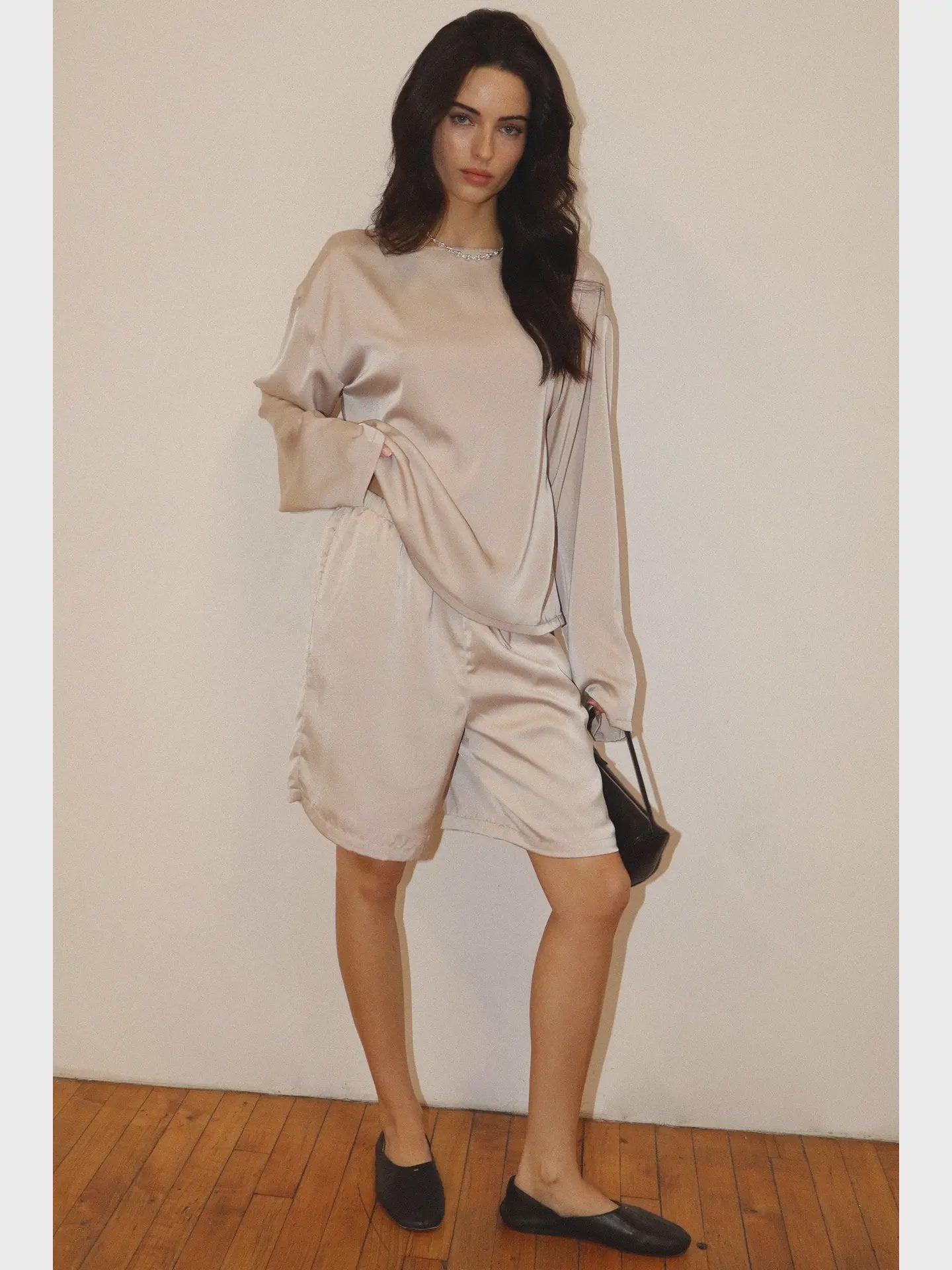 Drop Shoulder Satin Long Sleeve Top / Grey Mist