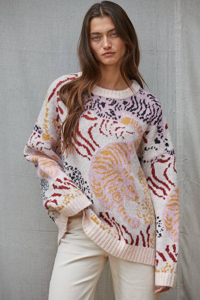 Leopards Crew Neck Sweater / Pink Mustard