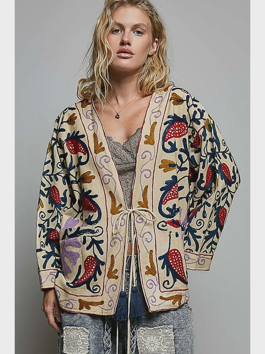 Lightweight 3/4 Sleeve Woven Kimono Style Cardigan / Cream