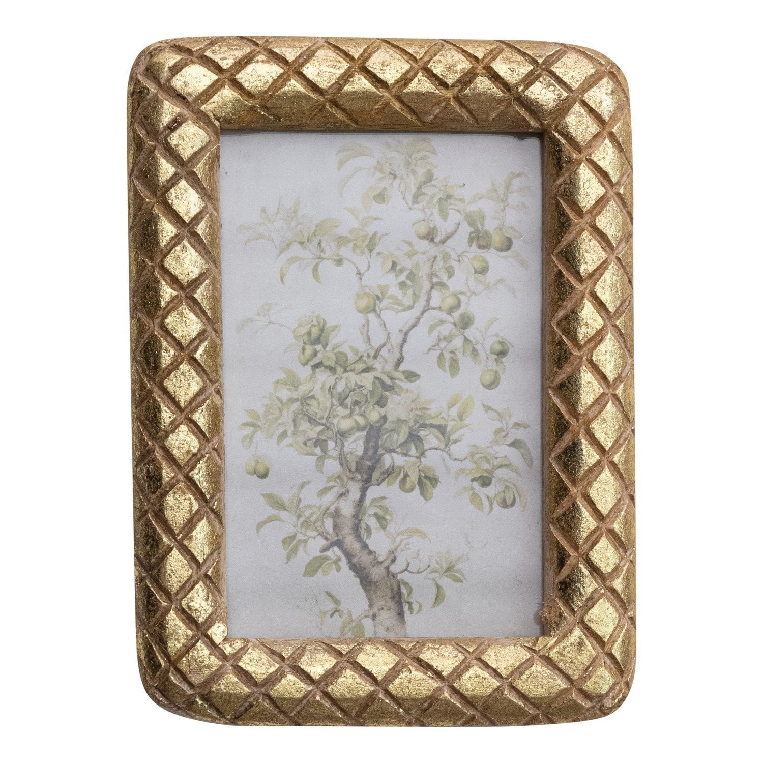 Carved Mango Wood Photo Frame w/ Diamond Pattern, Gold Foil Finish