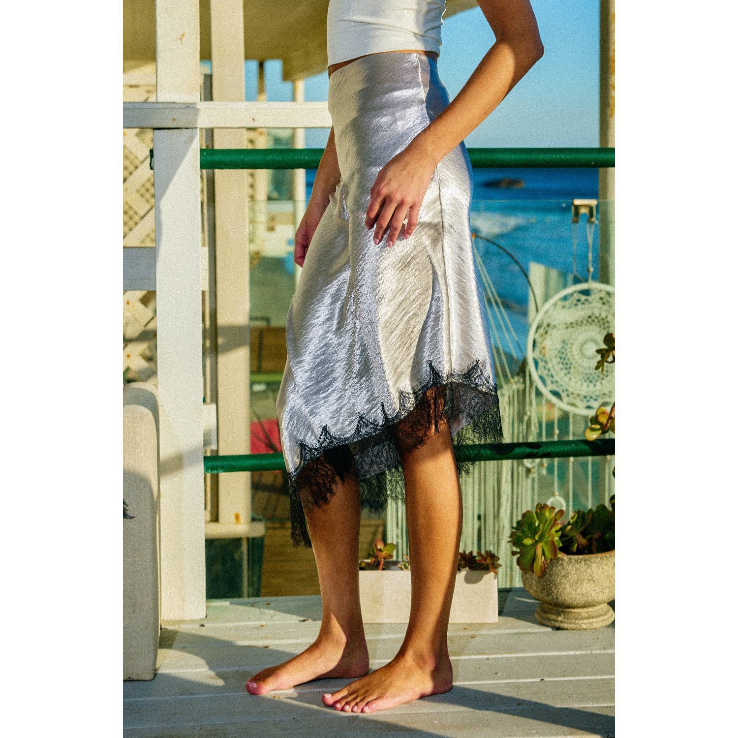 Asymmetrical Satin Midi Skirt w/ Lace / Silver