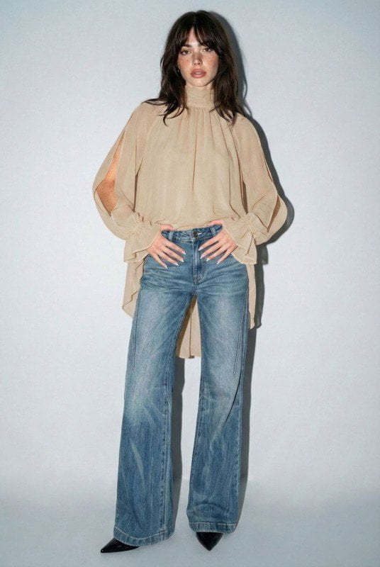Chiffon Open Sleeve High Low Top / Dusty Beige