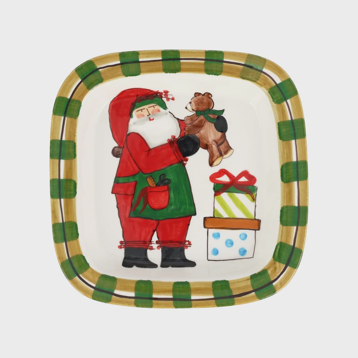 Old St. Nick Small Rimmed Square Platter With Teddy Bear