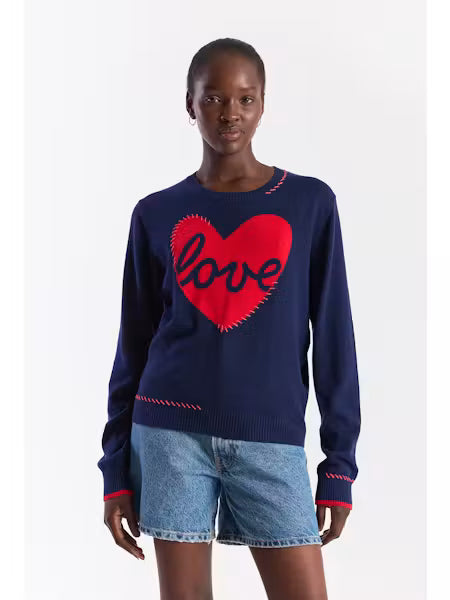Love Heart Stitch Crew Sweater / Navy Red