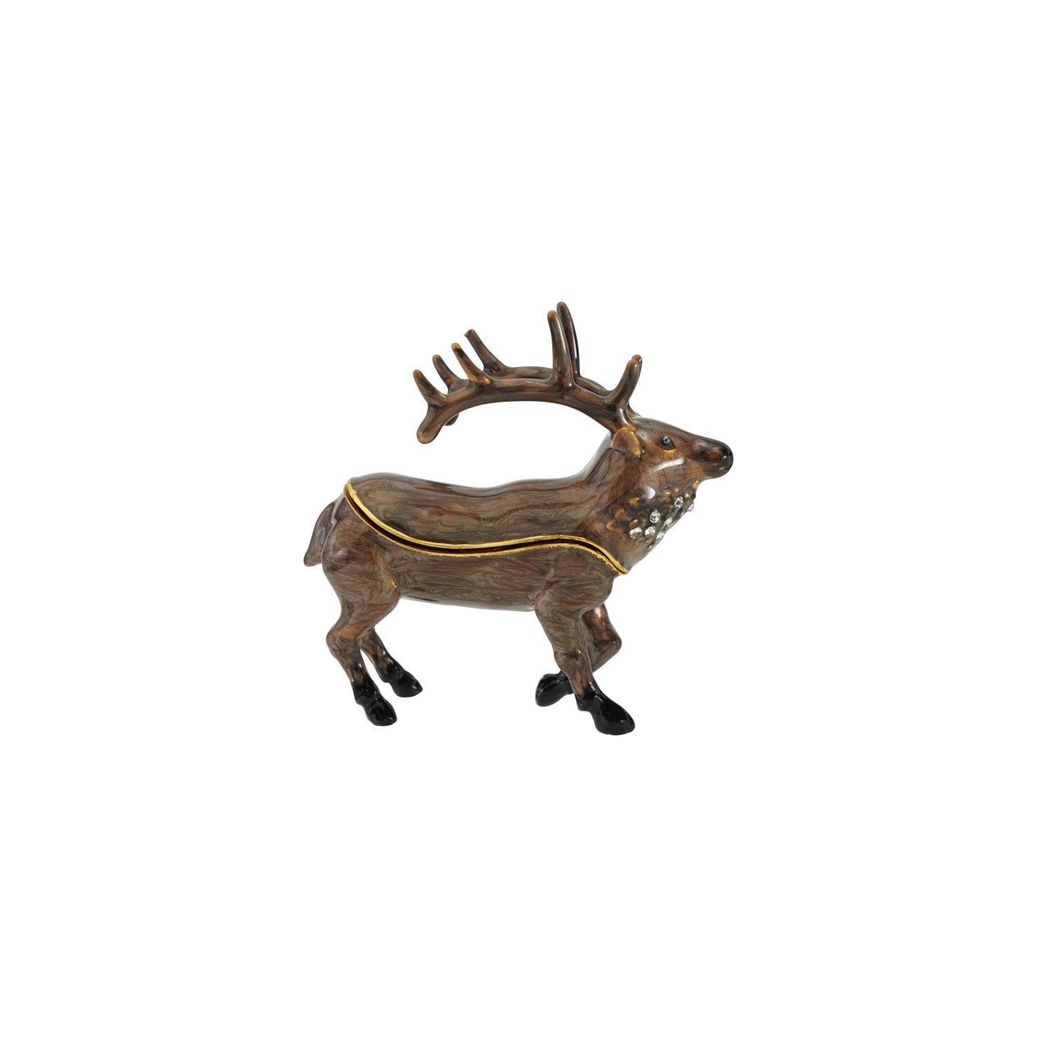 Enameled Metal Caribou Shaped Trinket Box with Jewels, Gold Finish & Brown