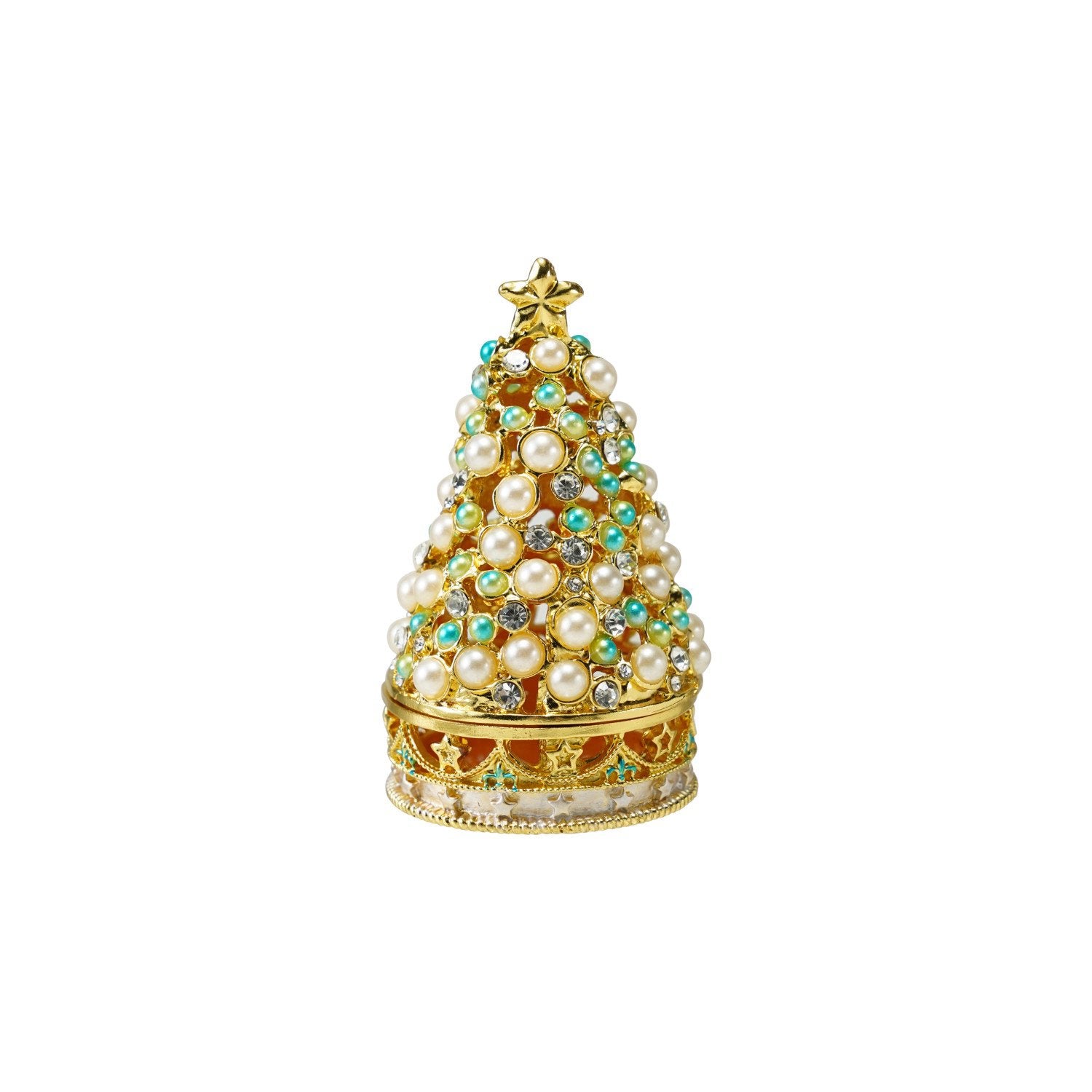 Enameled Metal Tree Shaped Trinket Box with Stars, Jewels & Faux Pearls